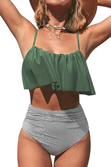 Solid Color Striped Split Tight Ruffled Bikini