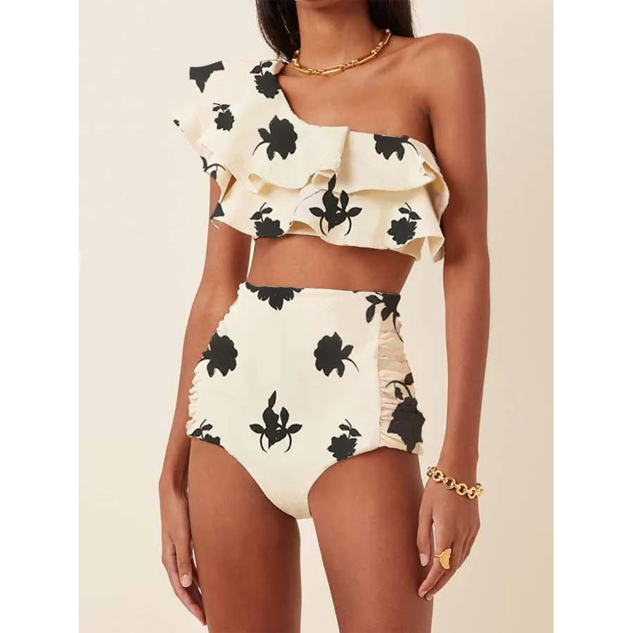 Women's Printed Oblique Shoulder Ruffles High Waist Bikini Suit