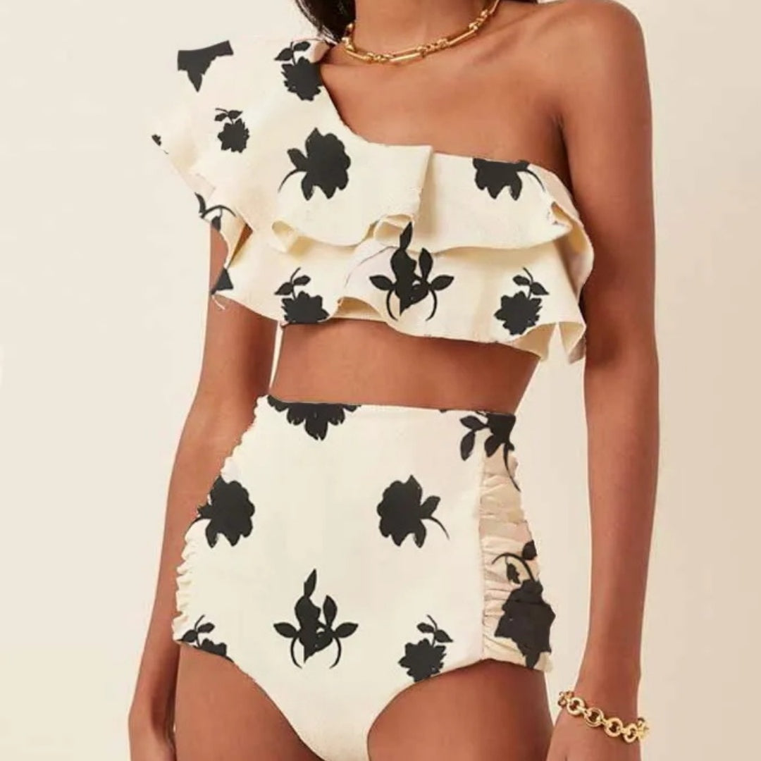 Women's Printed Oblique Shoulder Ruffles High Waist Bikini Suit