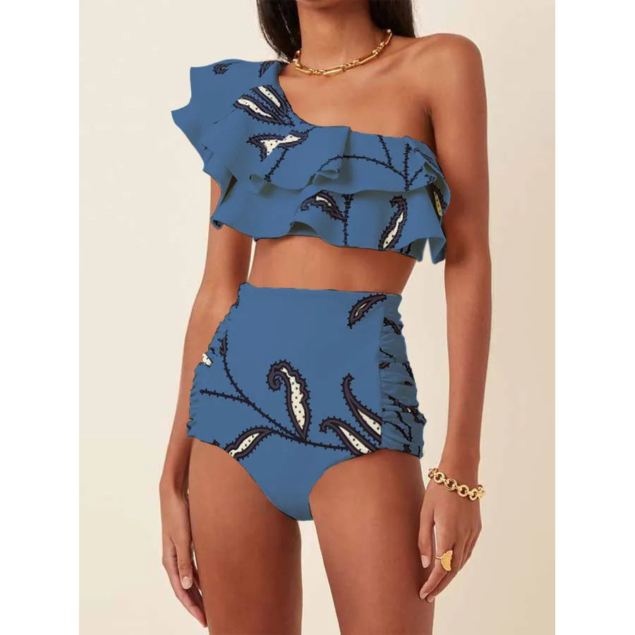 Women's Printed Oblique Shoulder Ruffles High Waist Bikini Suit