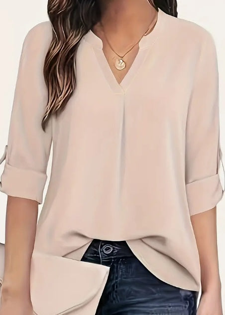 Chic Solid V-Neck Blouse - Fashionable Simplicity For Women - Relaxed Casual Long Sleeve Style