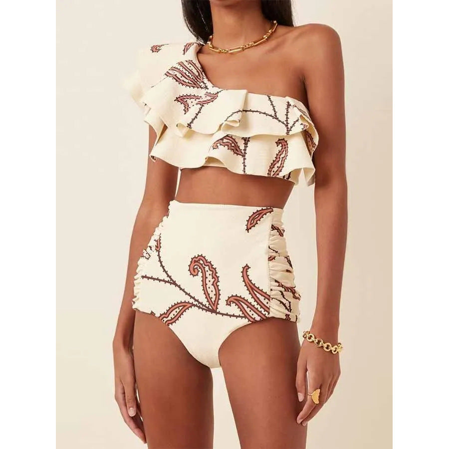 Women's Printed Oblique Shoulder Ruffles High Waist Bikini Suit