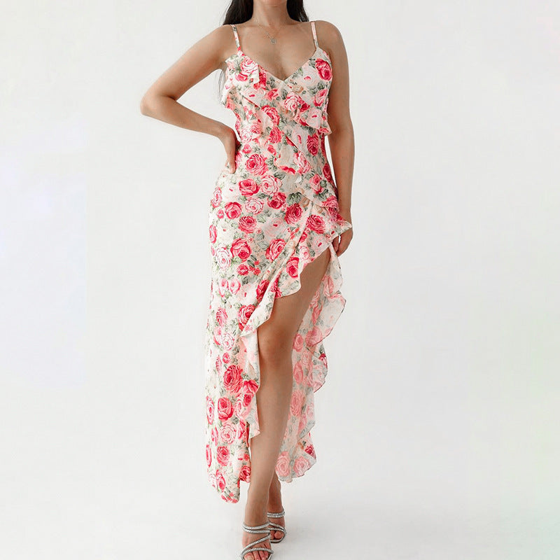 Elegant High Slit Printing Slip Dress