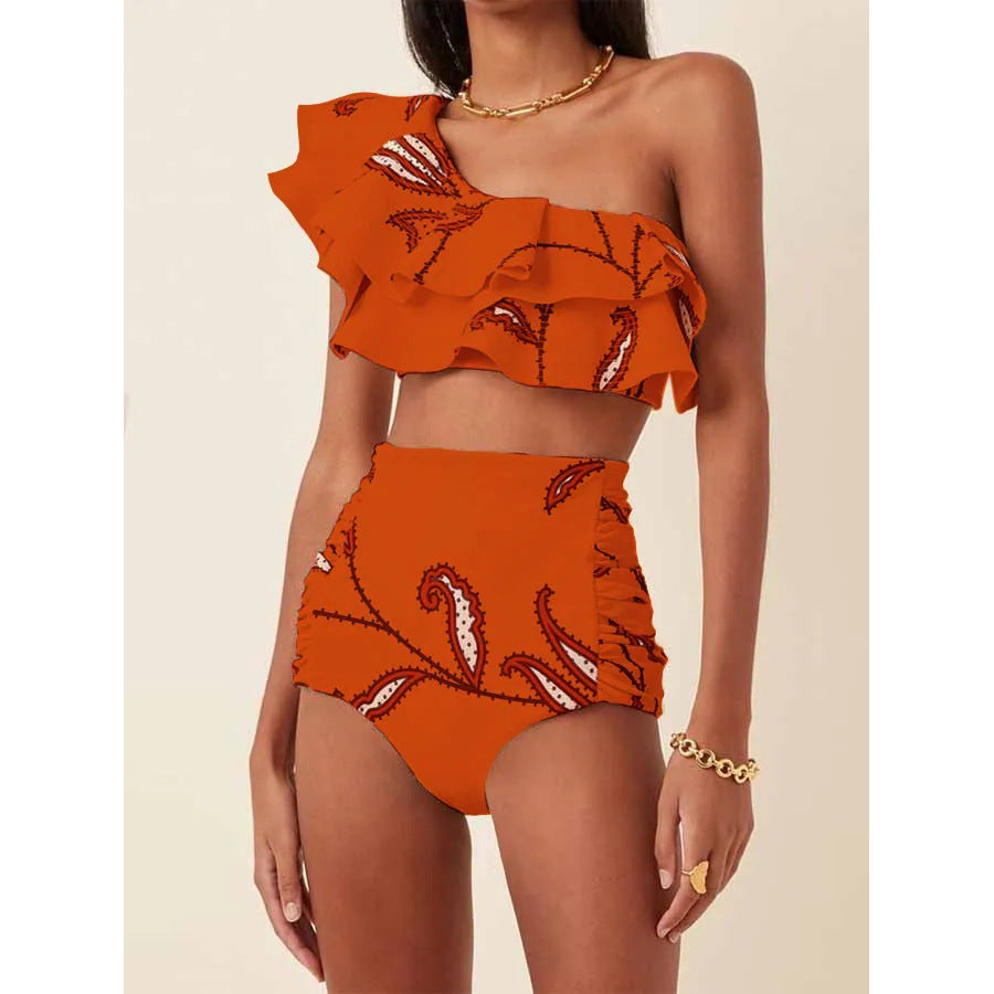 Women's Printed Oblique Shoulder Ruffles High Waist Bikini Suit