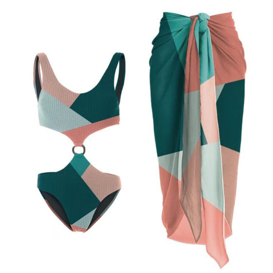 Contrast Color Bikini Two-piece Set Cross-border Wishi Mesh Gauze Skirt Vacation Swimwear