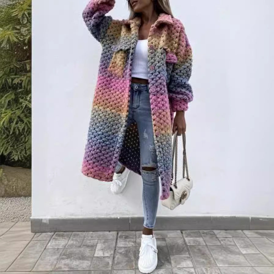 Autumn And Winter Woolen Coat Loose Lapels Breasted Plaid Trench Coat Coat